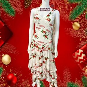 🎄White w/red & green floral print silk mid length sleeveless flowing dress. Sz 2